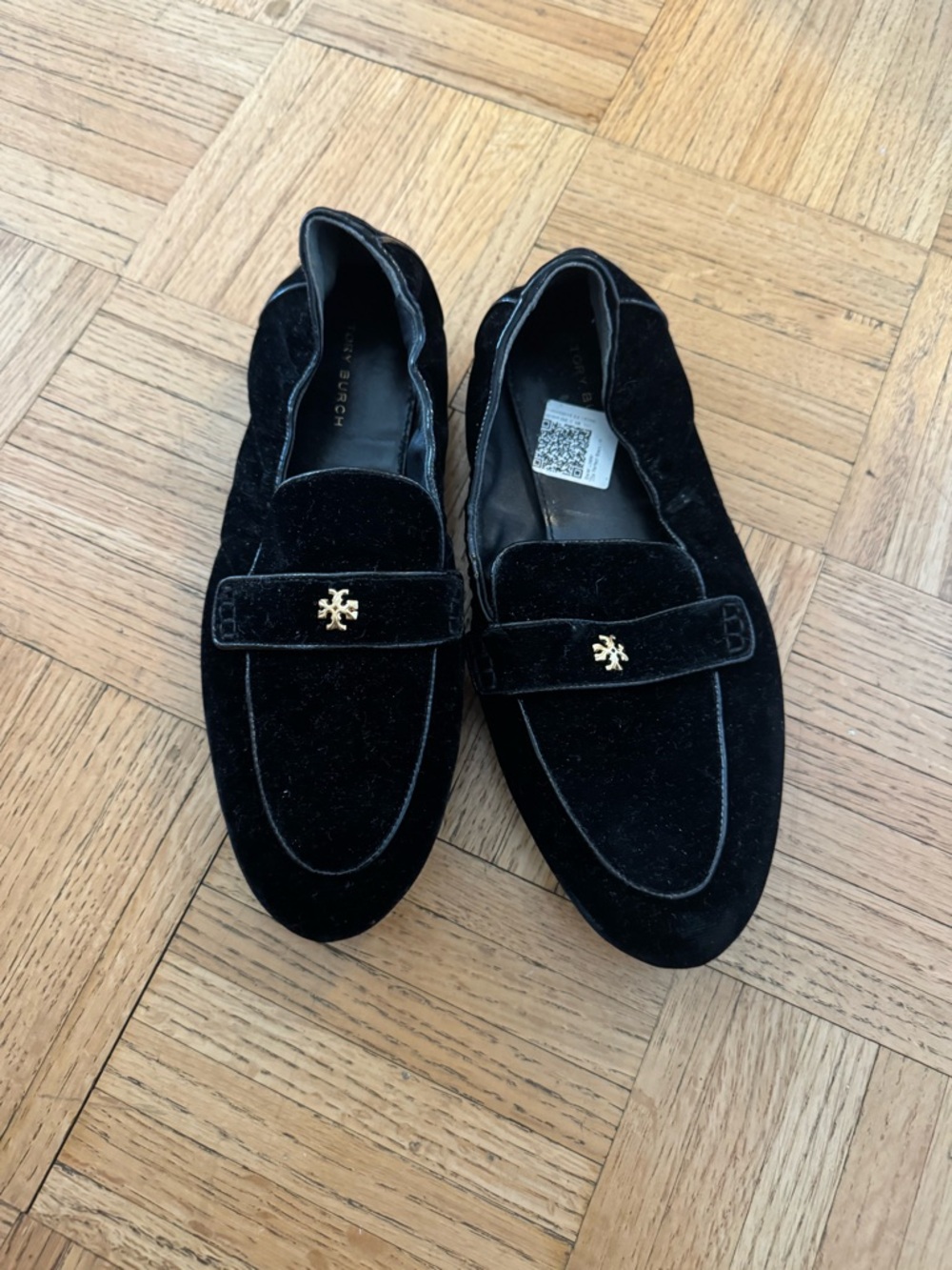 Tory Burch Black Velvet Loafers with Gold Logo